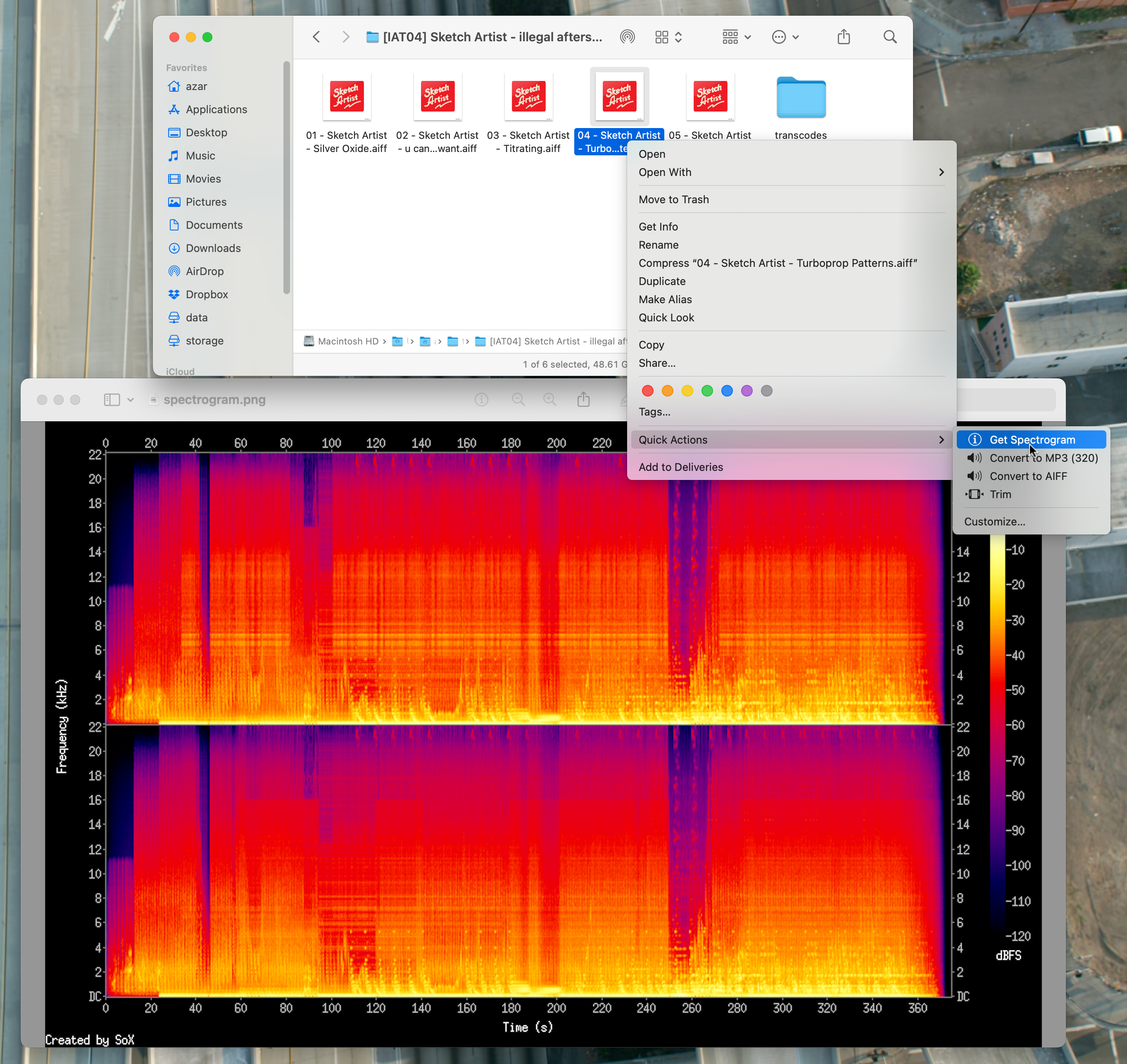 A Mac desktop screenshot shows a Finder window with an AIFF audio file selected and a right-click menu open, displaying quick actions like Get Spectrogram and Convert to MP3. To the right, a spectrogram image visualizing audio frequencies over time is open.