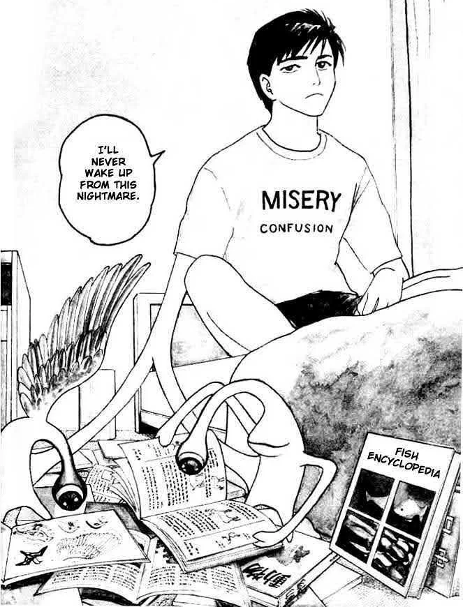 An image from the manga Parasyte. A teen boy wearing a shirt that says 'MISERY CONFUSION' on it sits on a bed. His left arm is a grotesque alien creature that is devouring books. To the bottom right of the frame, there is a book titled Fish Encyclopedia.